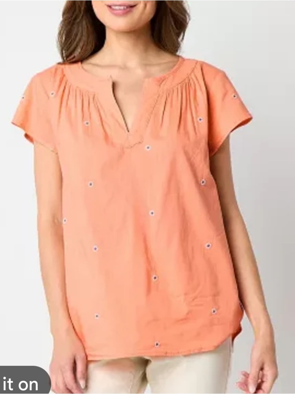 Women’s Peach Embroidered Short-Sleeve Top.